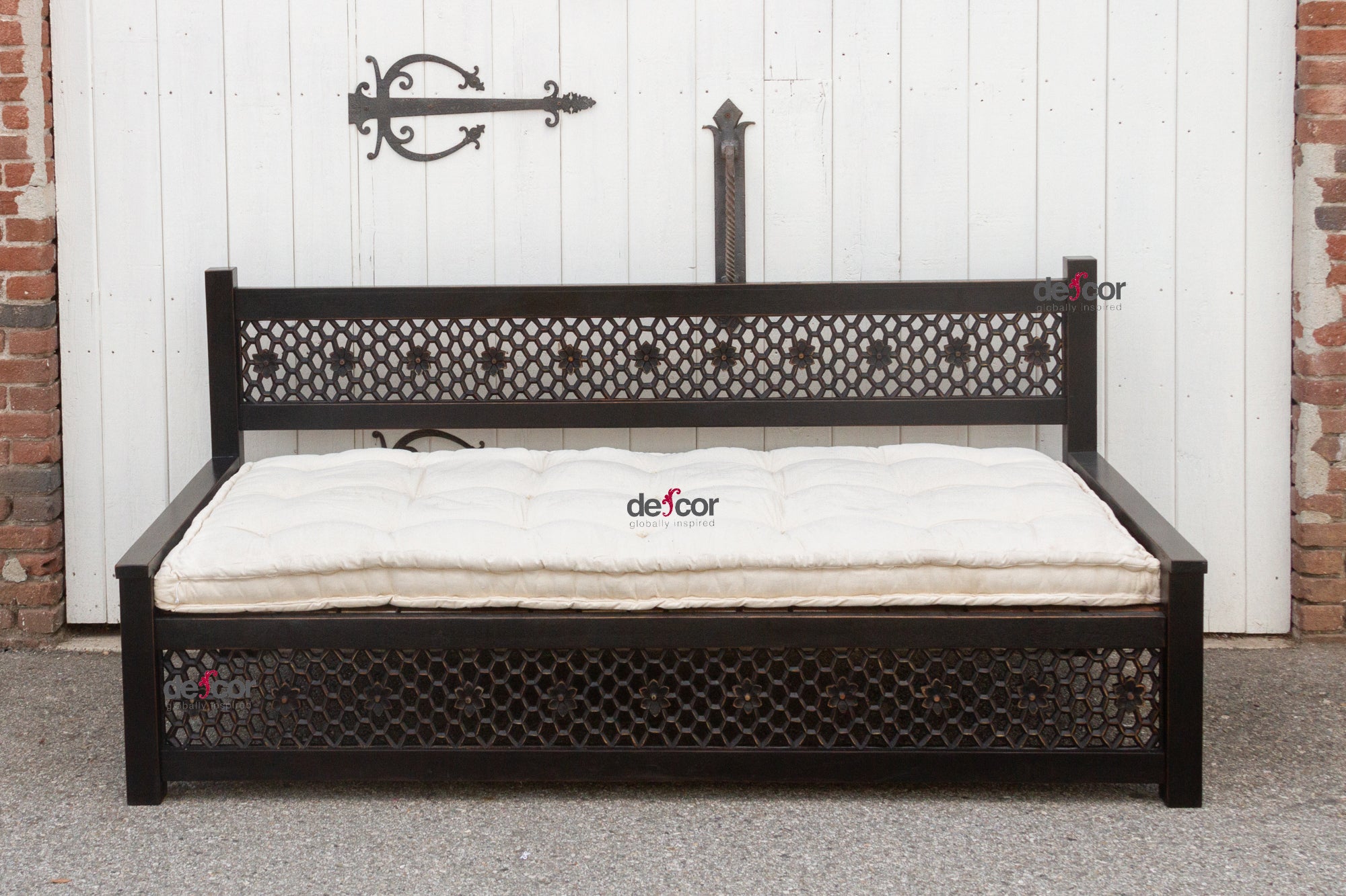 DE-COR | Globally Inspired, 84" long midnight Black Carved Floral Jali Daybed