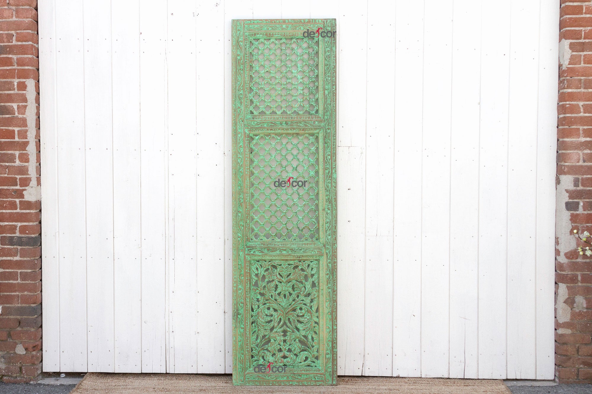 DE-COR | Globally Inspired, Carved Wood Indian Green Mughal Jali Door