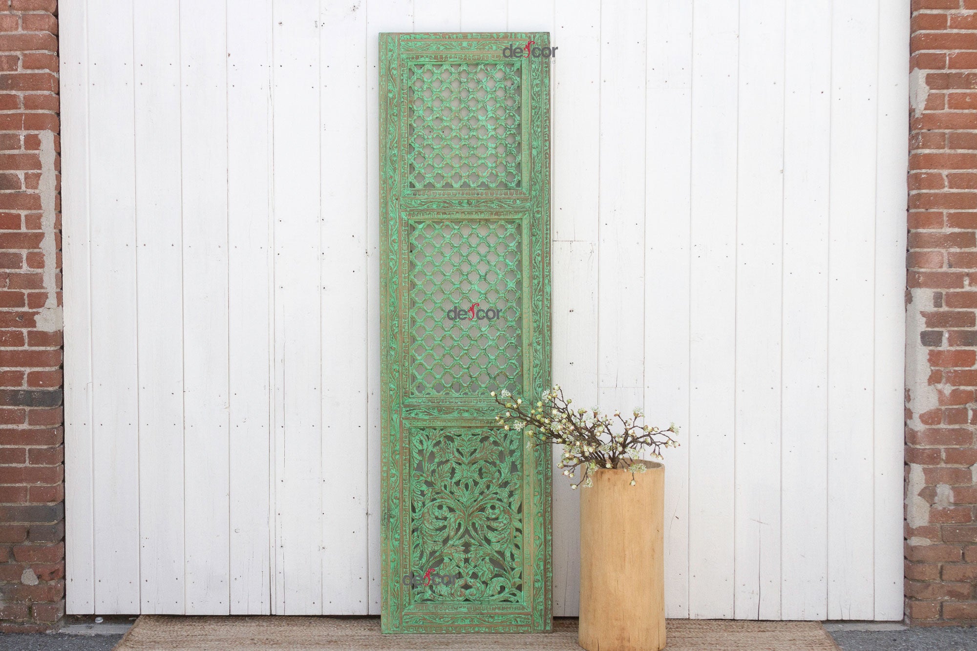 DE-COR | Globally Inspired, Carved Wood Indian Green Mughal Jali Door (Trade)