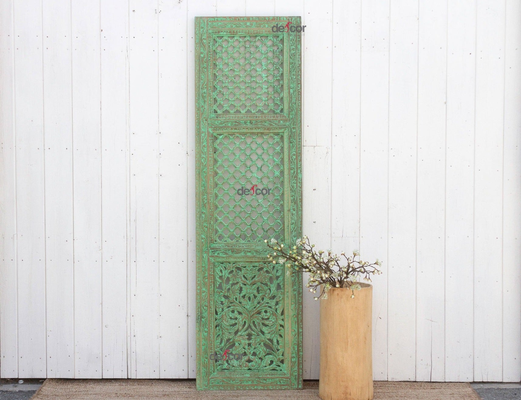 DE-COR | Globally Inspired, Carved Wood Indian Green Mughal Jali Door