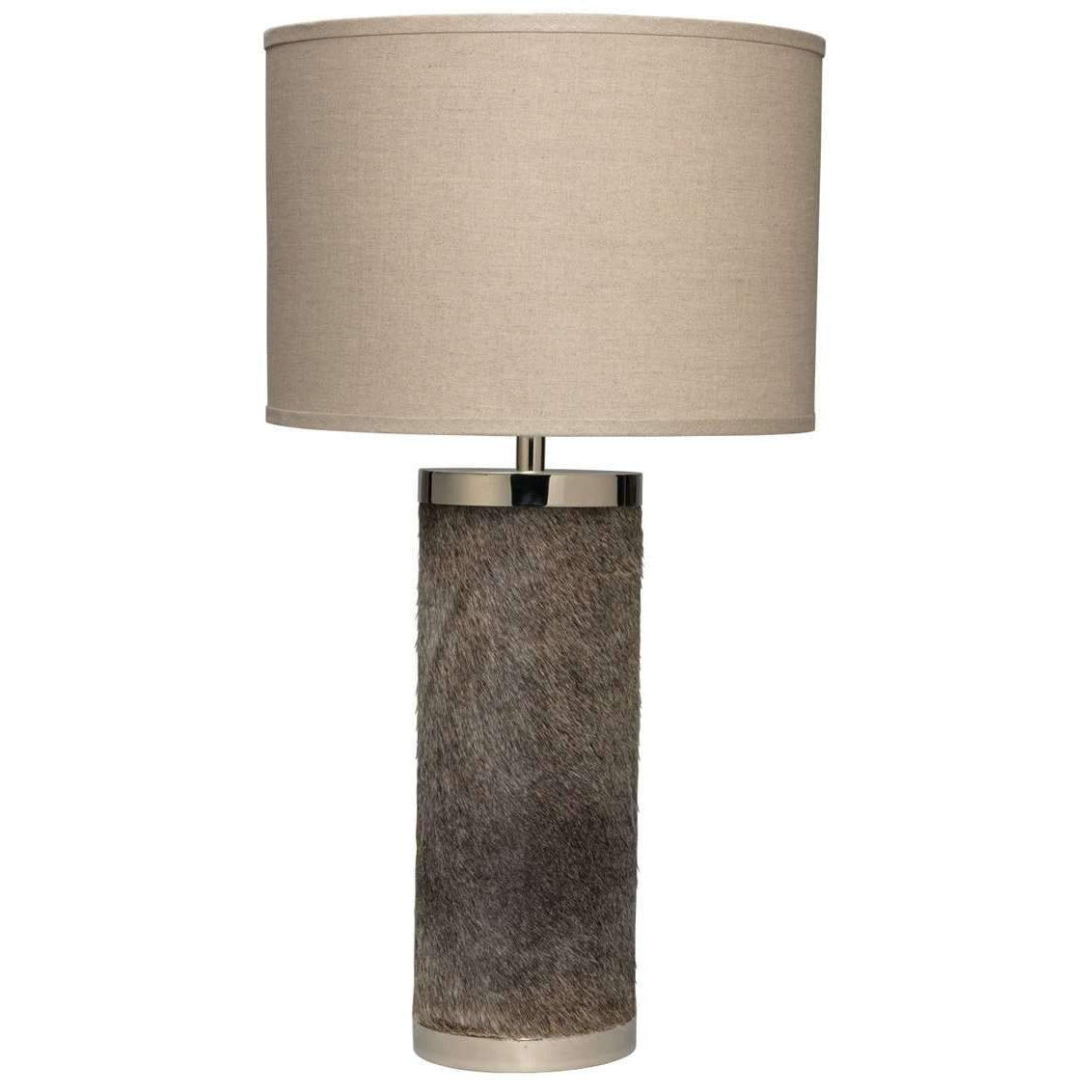 Jamie Young, Column Table Lamp in Grey Hide with Classic Drum Shade in Natural Linen