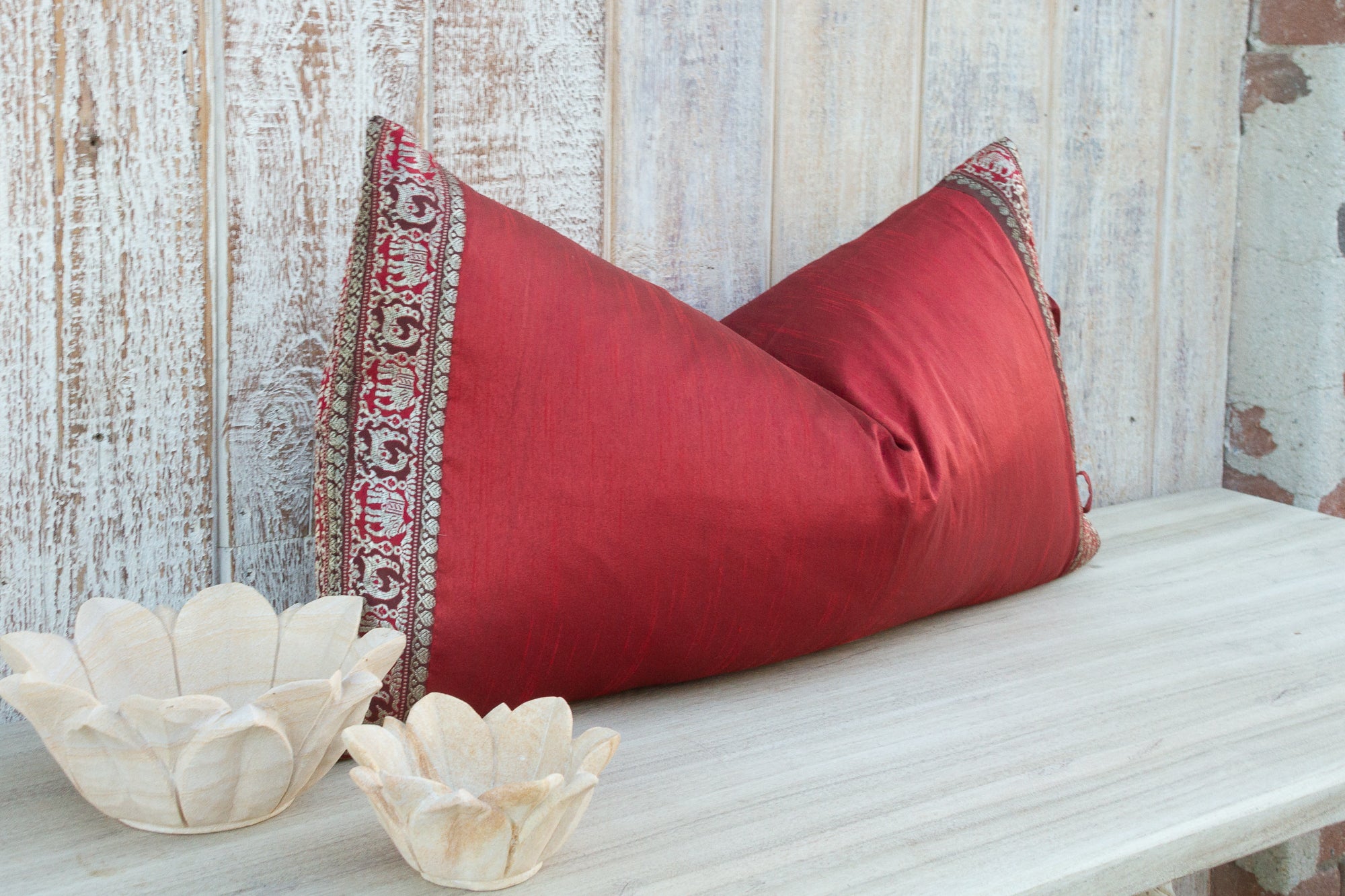 DE-COR | Globally Inspired, Crimson Large Festive Indian Silk Queen Lumbar Pillow Cover