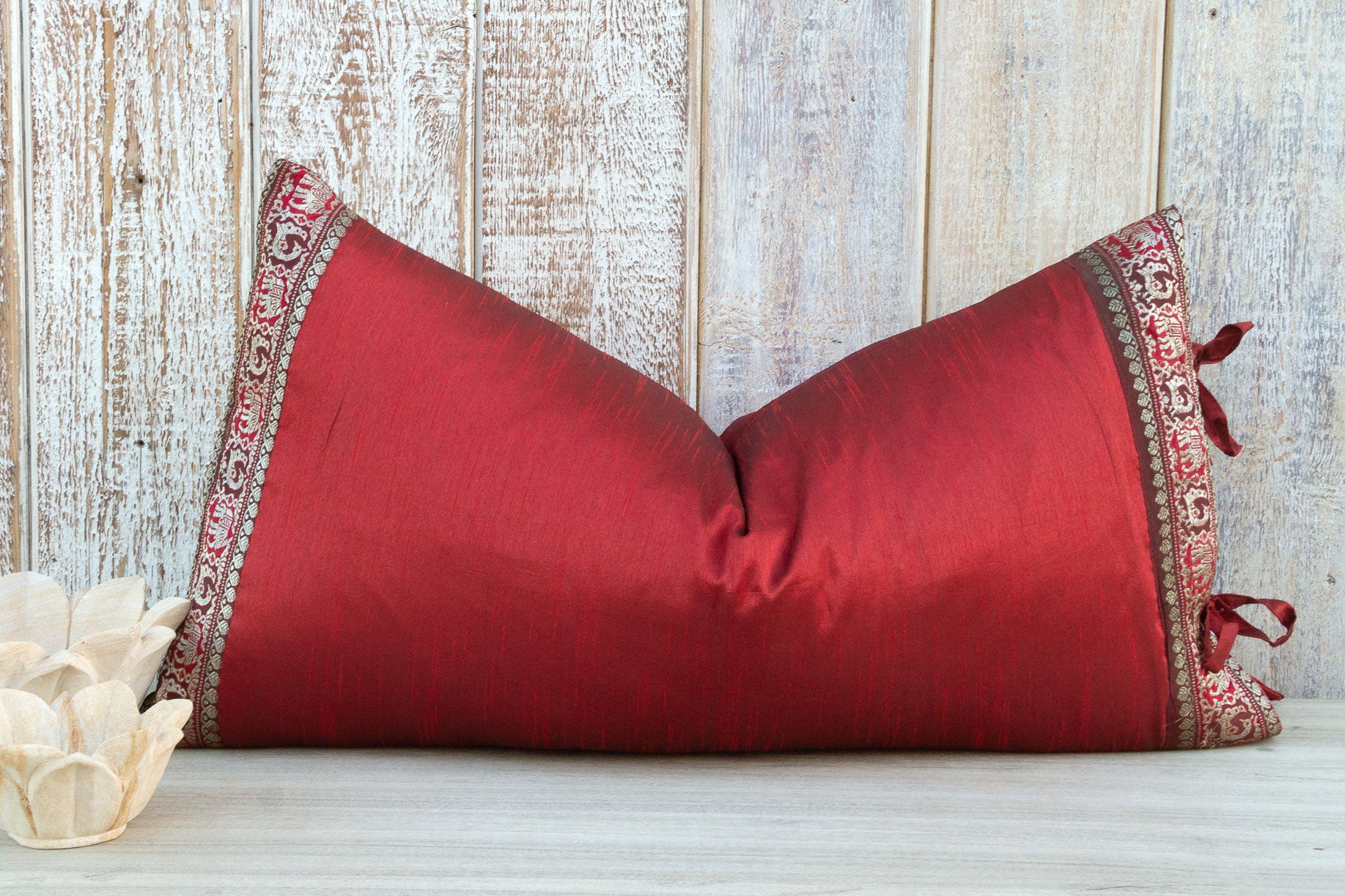 DE-COR | Globally Inspired, Crimson Large Festive Indian Silk Queen Lumbar Pillow Cover