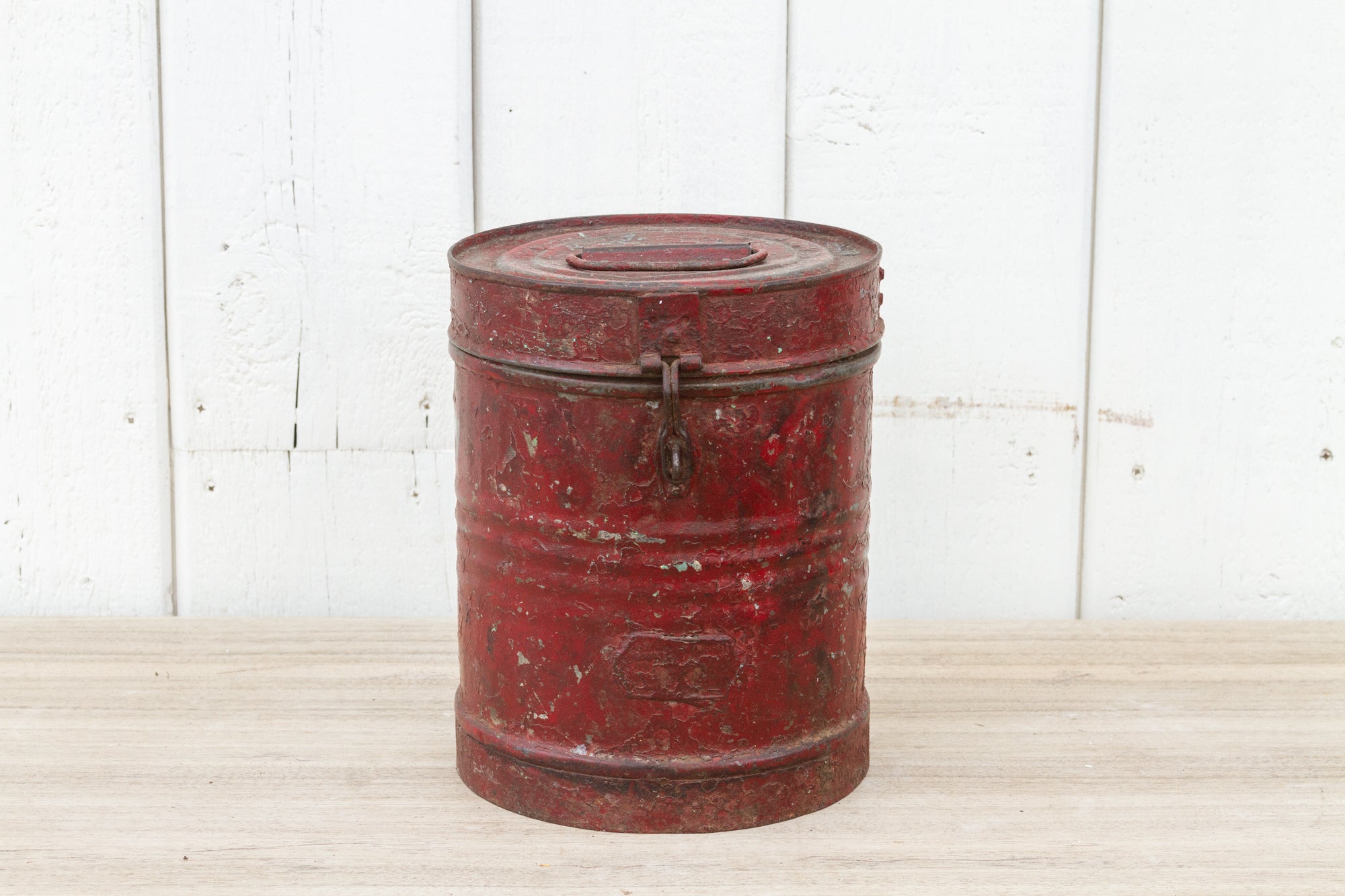 DE-COR | Globally Inspired, Crimson Rustic Metal Drum Container