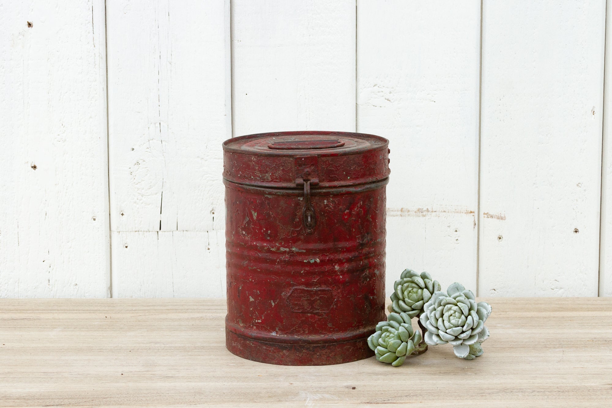 DE-COR | Globally Inspired, Crimson Rustic Metal Drum Container (Trade)