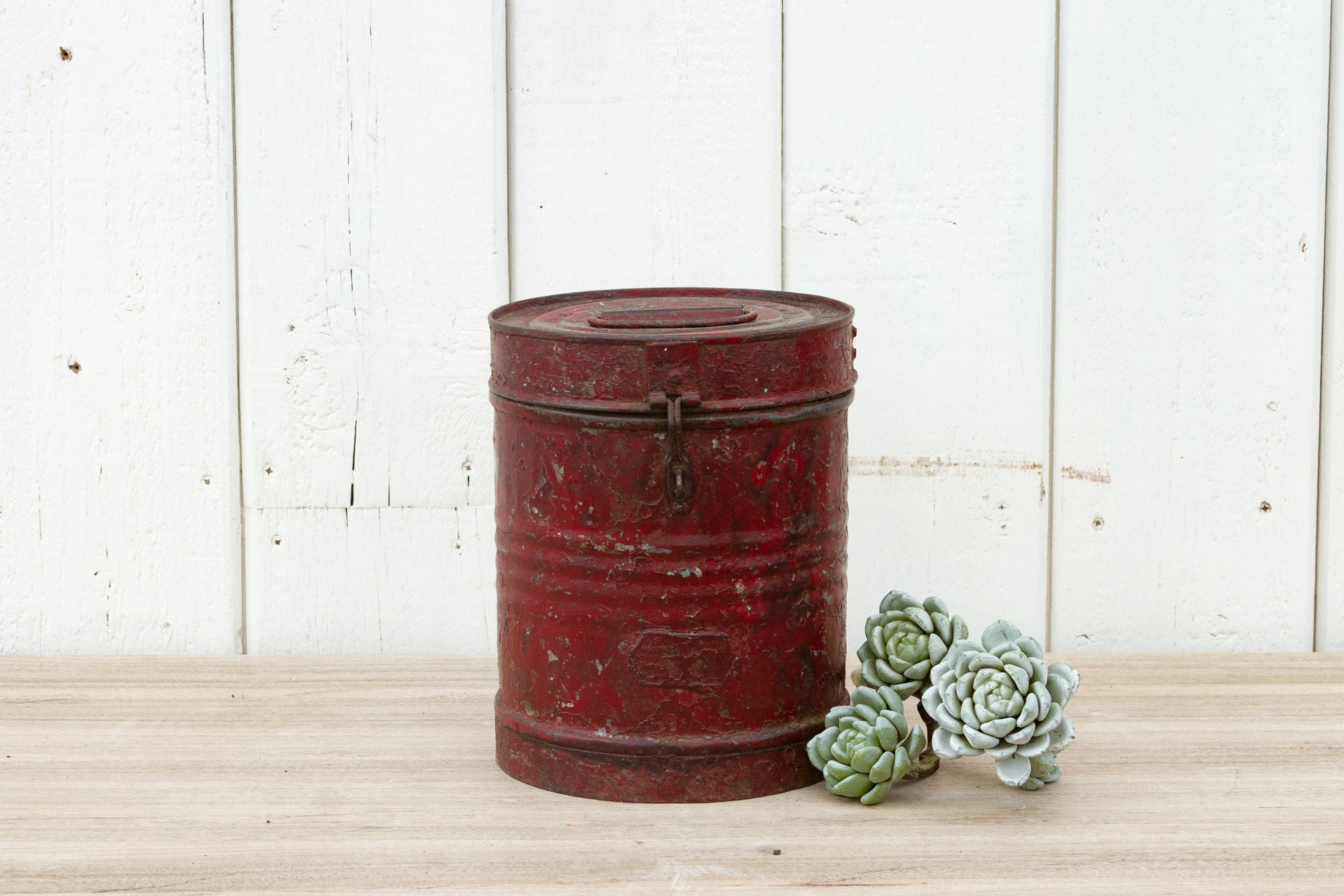 DE-COR | Globally Inspired, Crimson Rustic Metal Drum Container