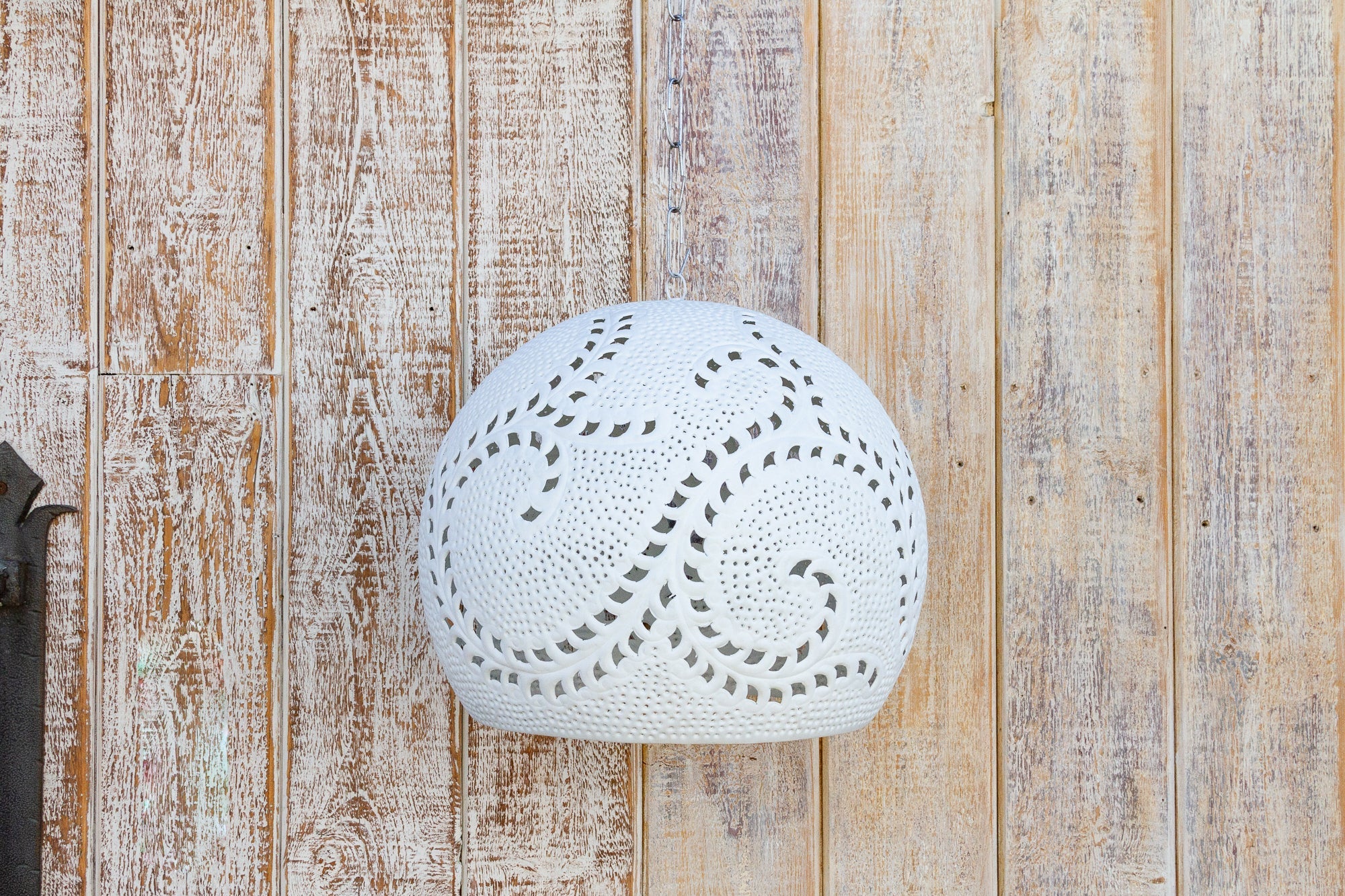 DE-COR | Globally Inspired, Custom Large White Filigree Lucknow Macrame Pendant Lantern