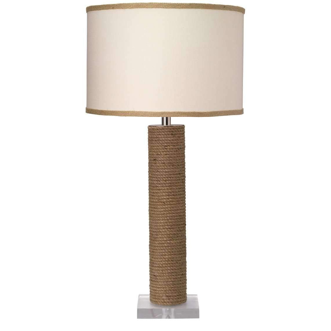 Jamie Young, Cylinder Rope Table Lamp in Jute with Medium Drum Shade in White Linen with Natural Burlap Trim