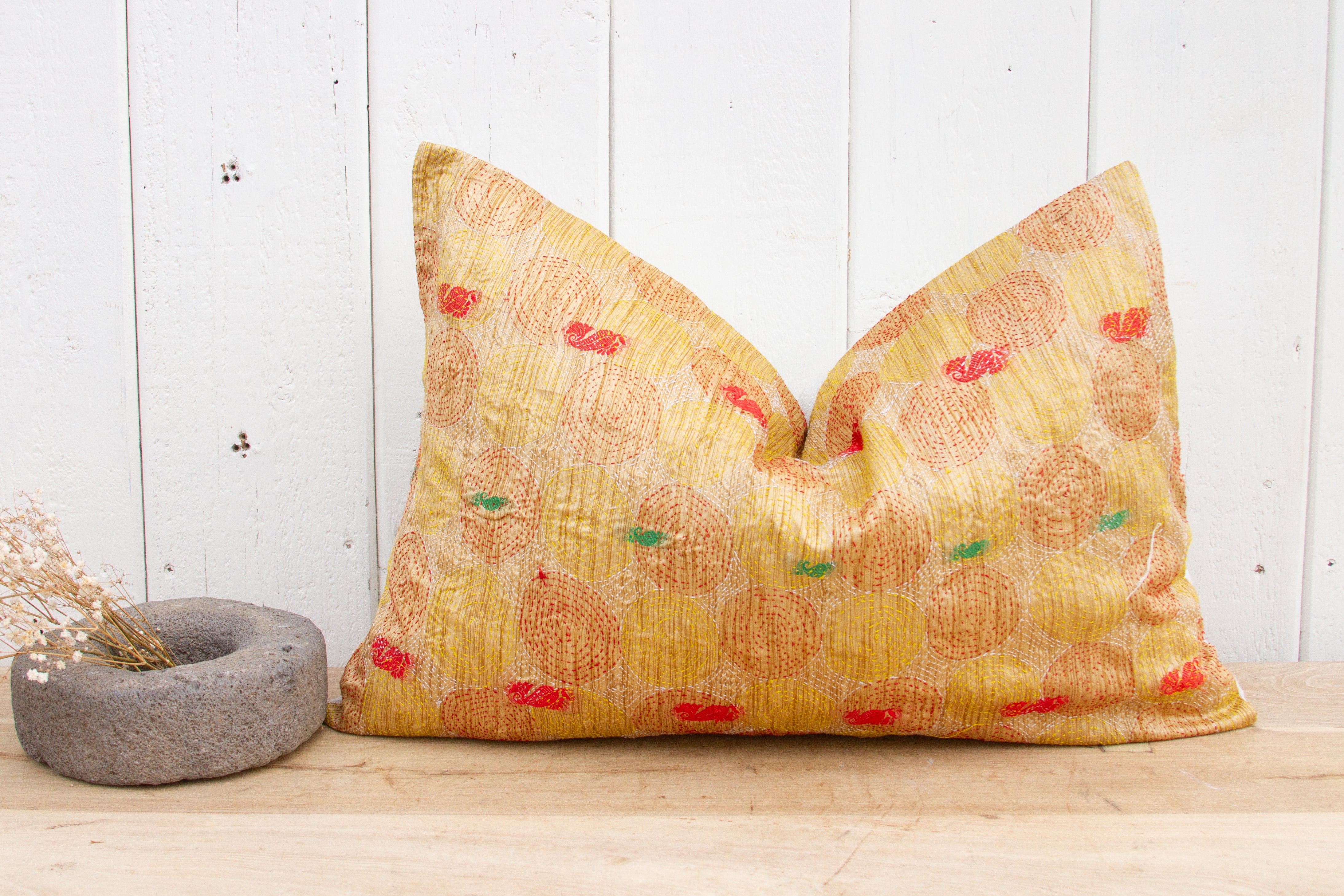 DE-COR | Globally Inspired, Daffodil Silk Kantha Pillow