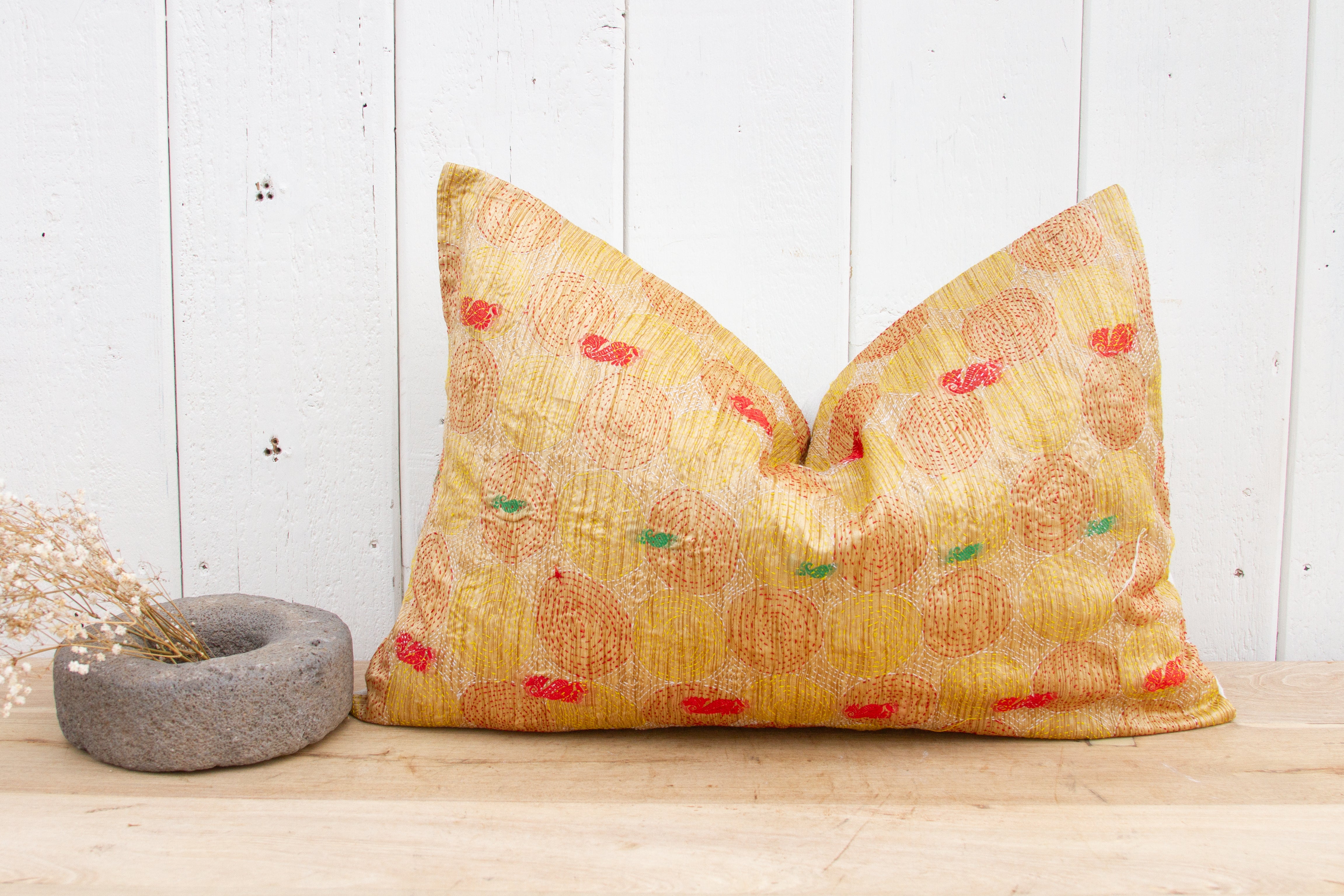 DE-COR | Globally Inspired, Daffodil Silk Kantha Pillow