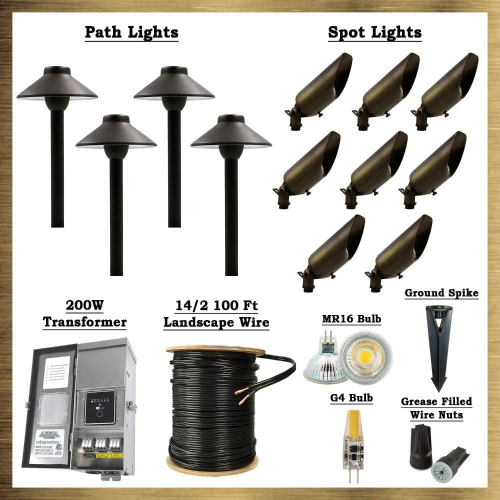 Custom Bundle, Dark Brass LED Connoisseur Kit: (8) SPB04 Spot Lights, (4) PLB02 Path Lights