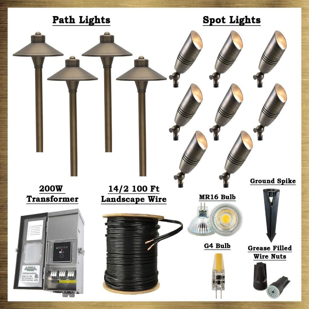 Custom Bundle, Natural Brass LED Connoisseur Kit: (8) SPB06 Spot Lights, (4) PLB03 Path Lights