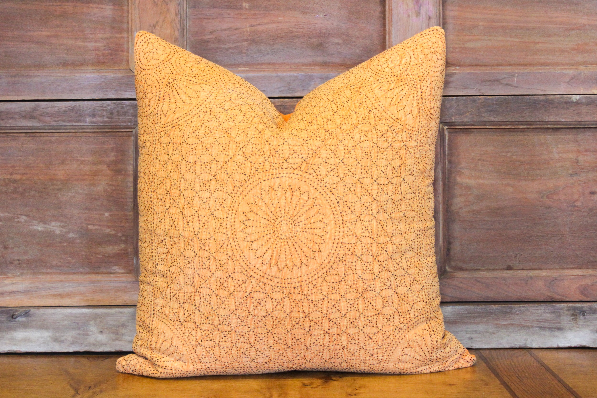 DE-COR | Globally Inspired, Orange Kantha Embroidered Euro Pillow