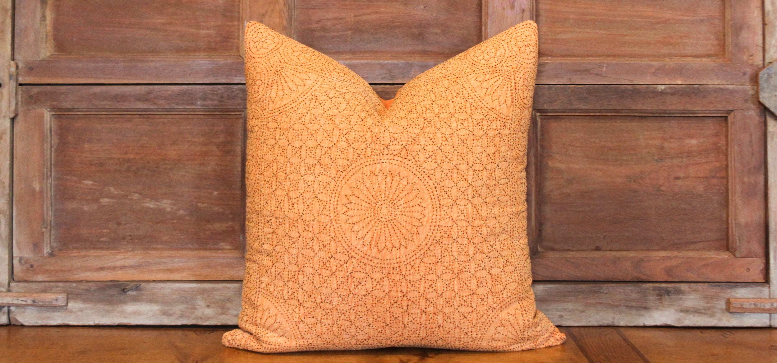 DE-COR | Globally Inspired, Orange Kantha Embroidered Euro Pillow