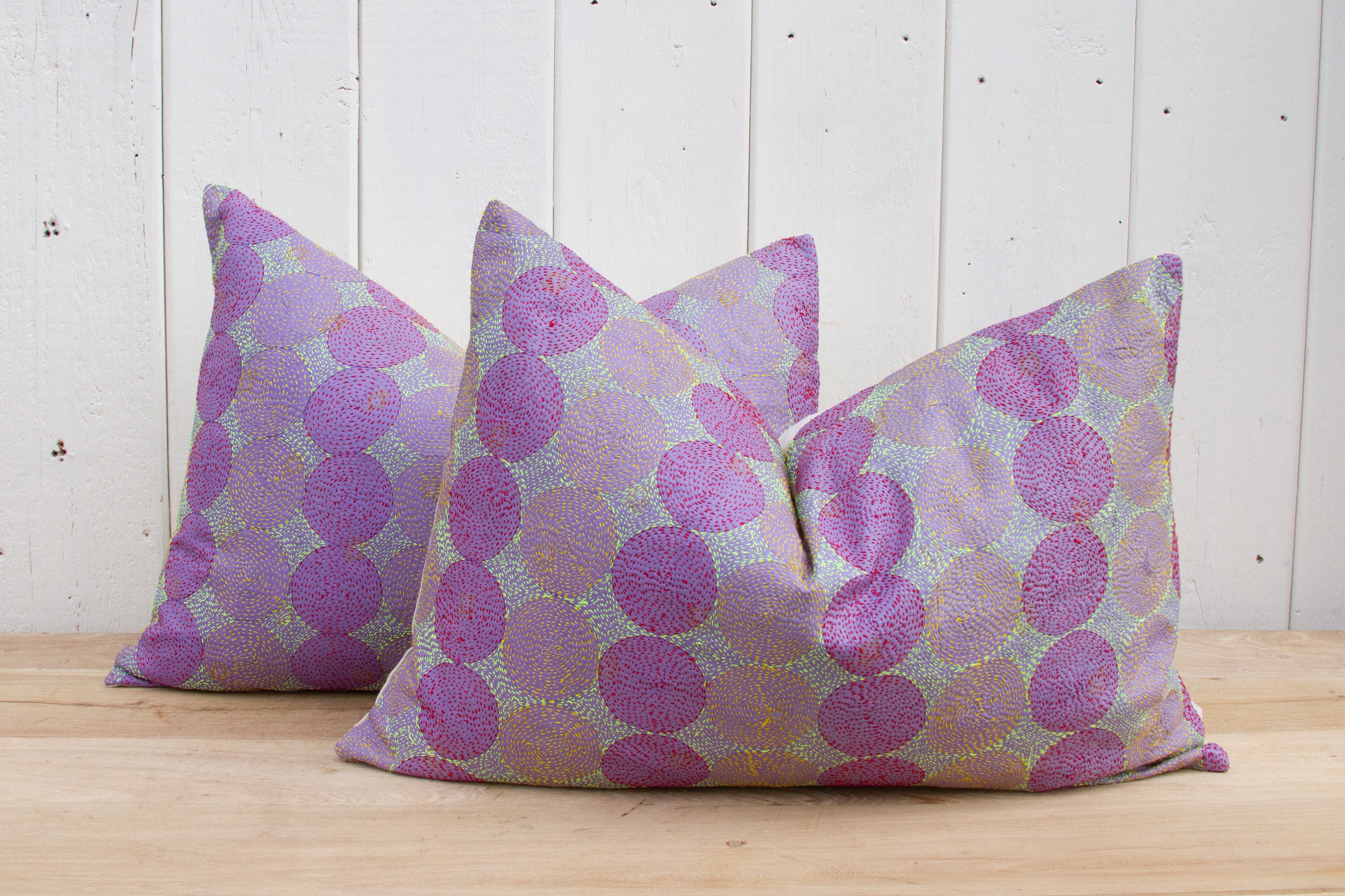 DE-COR | Globally Inspired, Pair of Lavender Silk Kantha Pillows