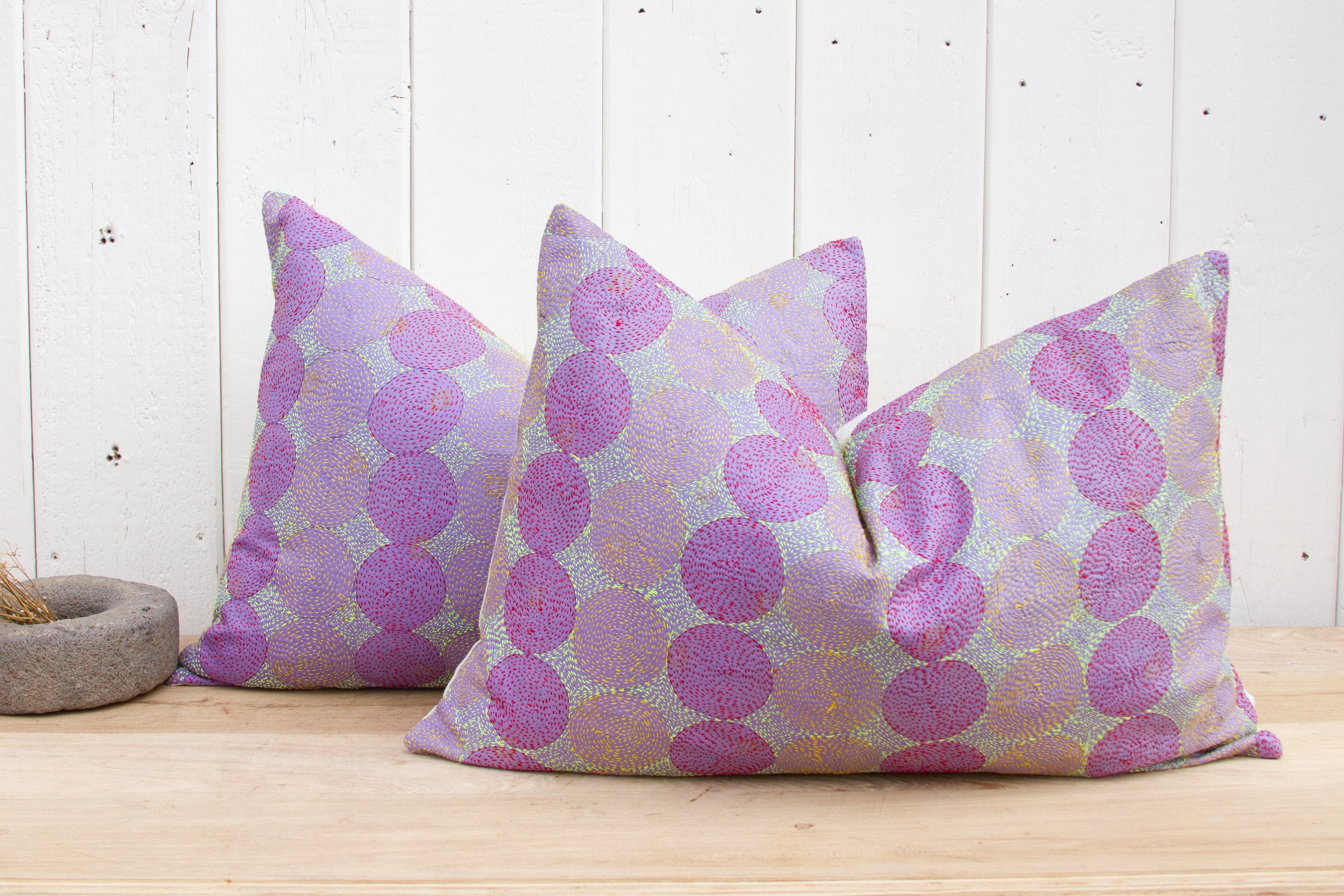 DE-COR | Globally Inspired, Pair of Lavender Silk Kantha Pillows