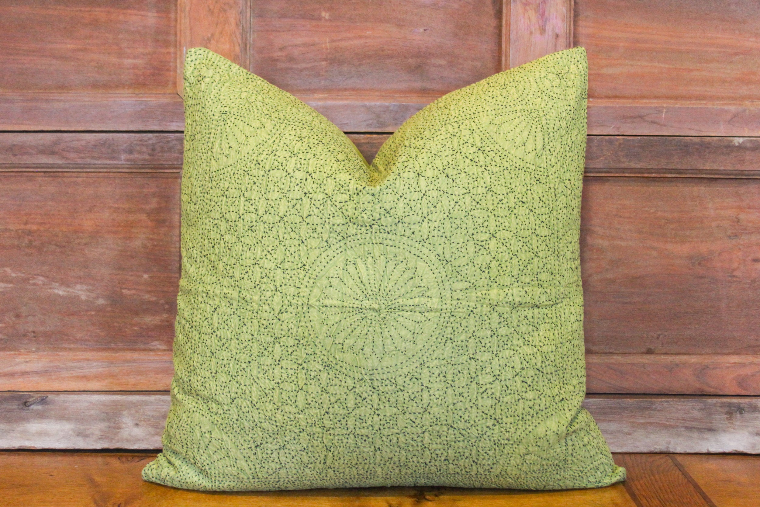 DE-COR | Globally Inspired, Pistachio Kantha Embroidered Euro Pillow