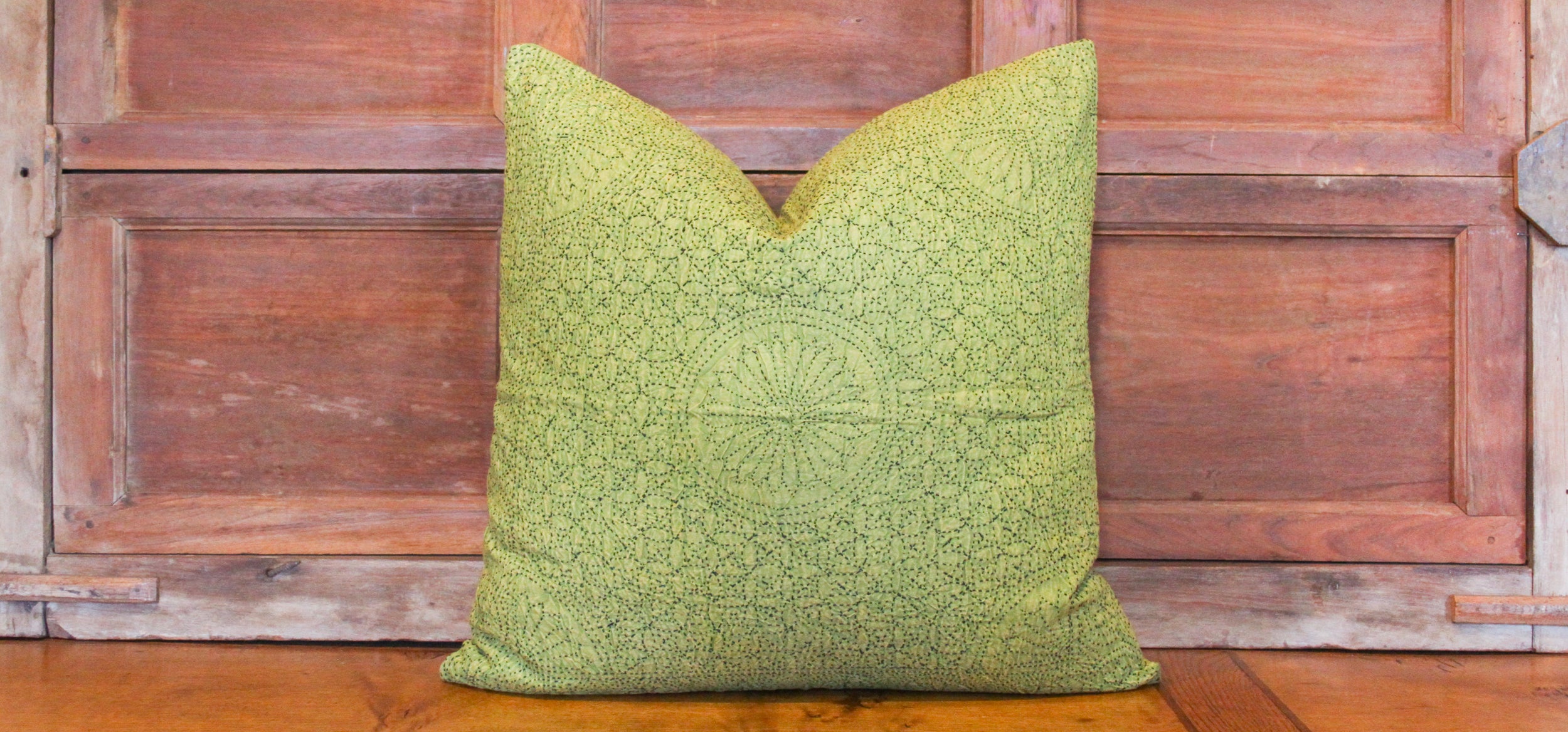 DE-COR | Globally Inspired, Pistachio Kantha Embroidered Euro Pillow