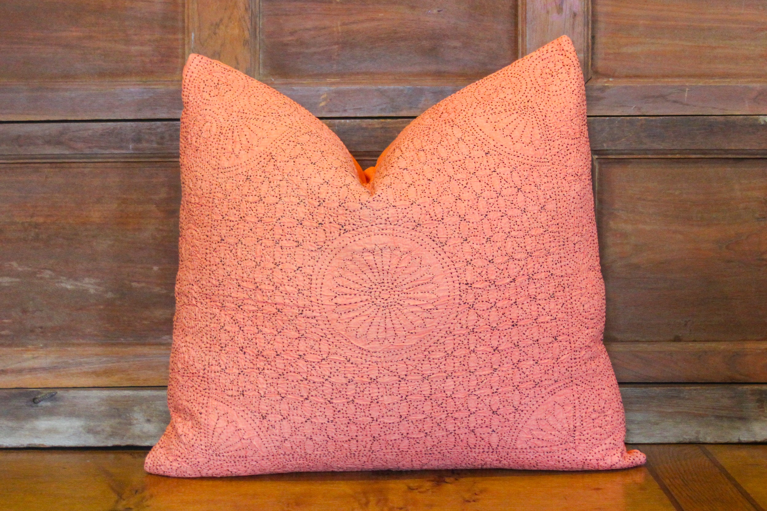 DE-COR | Globally Inspired, Pumpkin Kantha Embroidered Euro Pillow