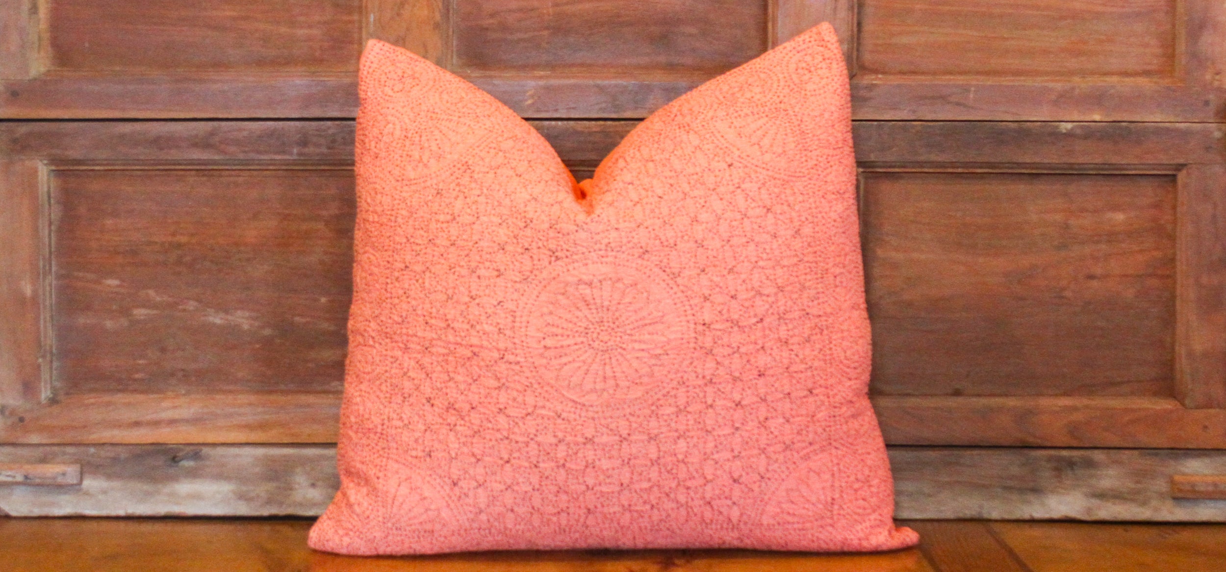 DE-COR | Globally Inspired, Pumpkin Kantha Embroidered Euro Pillow