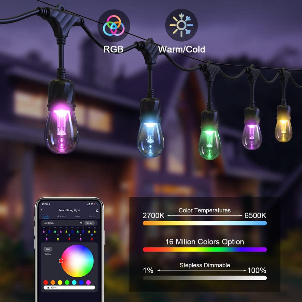 ABBA Lighting USA, SLR100 LED RGBW Smart Bistro String Lights Color Changing Outdoor Weatherproof 12V Edison Bulbs