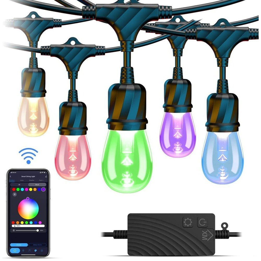 ABBA Lighting USA, SLR100 LED RGBW Smart Bistro String Lights Color Changing Outdoor Weatherproof 12V Edison Bulbs