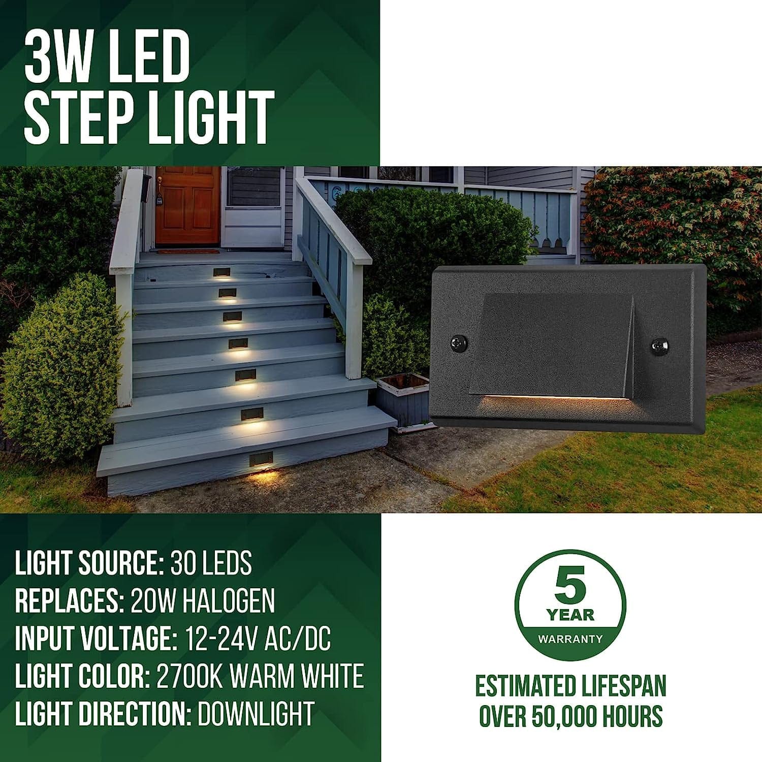 Kings Outdoor Lighting, STLA05 4-Pack 3W Slim Black Low Voltage LED Outdoor Step Lights Package, 12V LED Deck Lights Landscape Lights