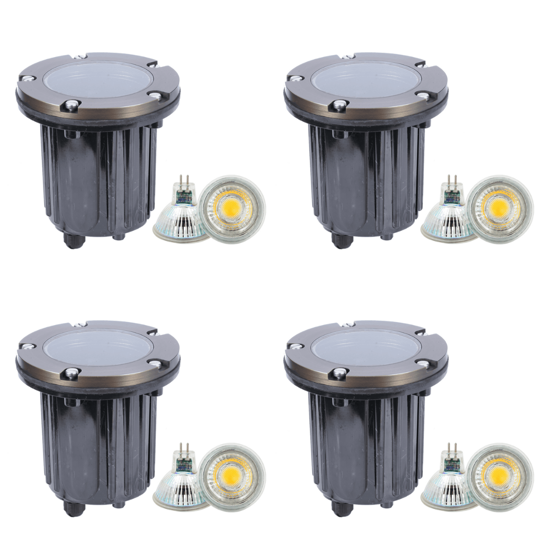 ABBA Lighting USA, UNB04 4x/8x/12x Package Cast Brass Low Voltage Round LED In-Ground Well Light IP65 Waterproof 5W 3000K Bulb